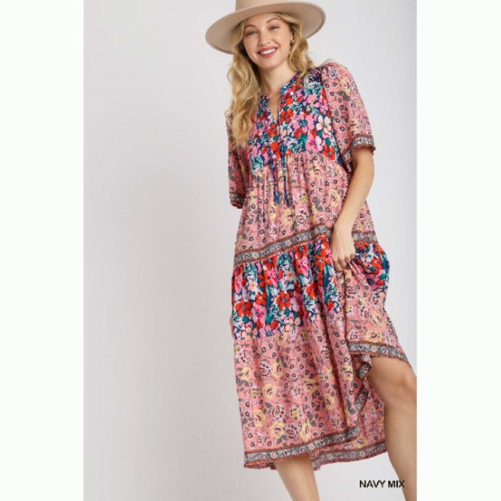 Bohemian Floral Print Maxi Dress - Sizes S/M/L - Navy Multicolor